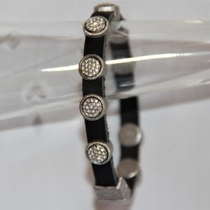 Black Leather Round Silver Pave Crystal Bracelet